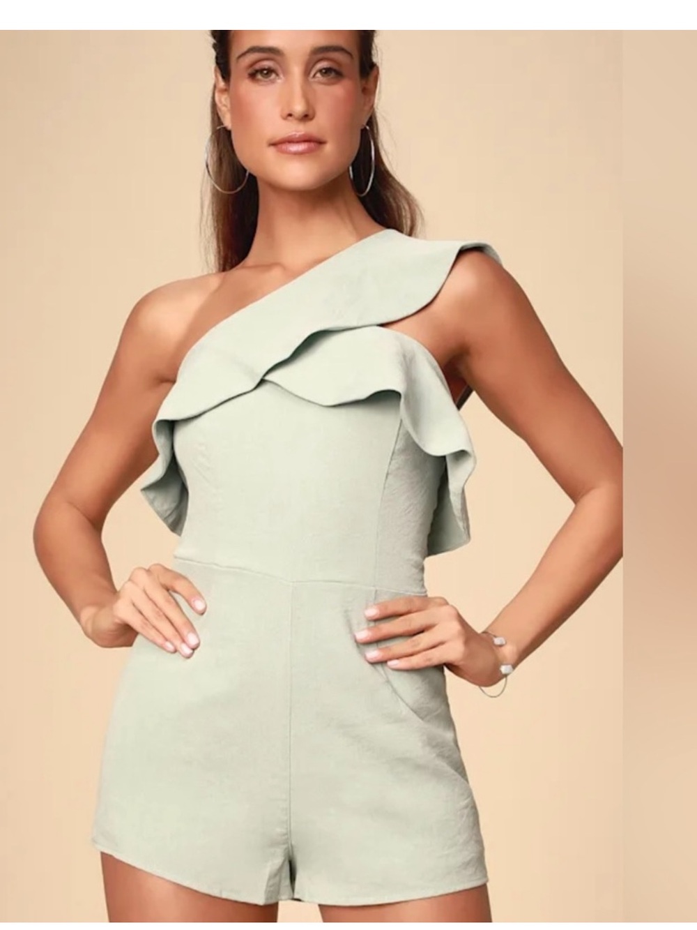 Lulu's One-Shoulder Ruffle Mint Romper